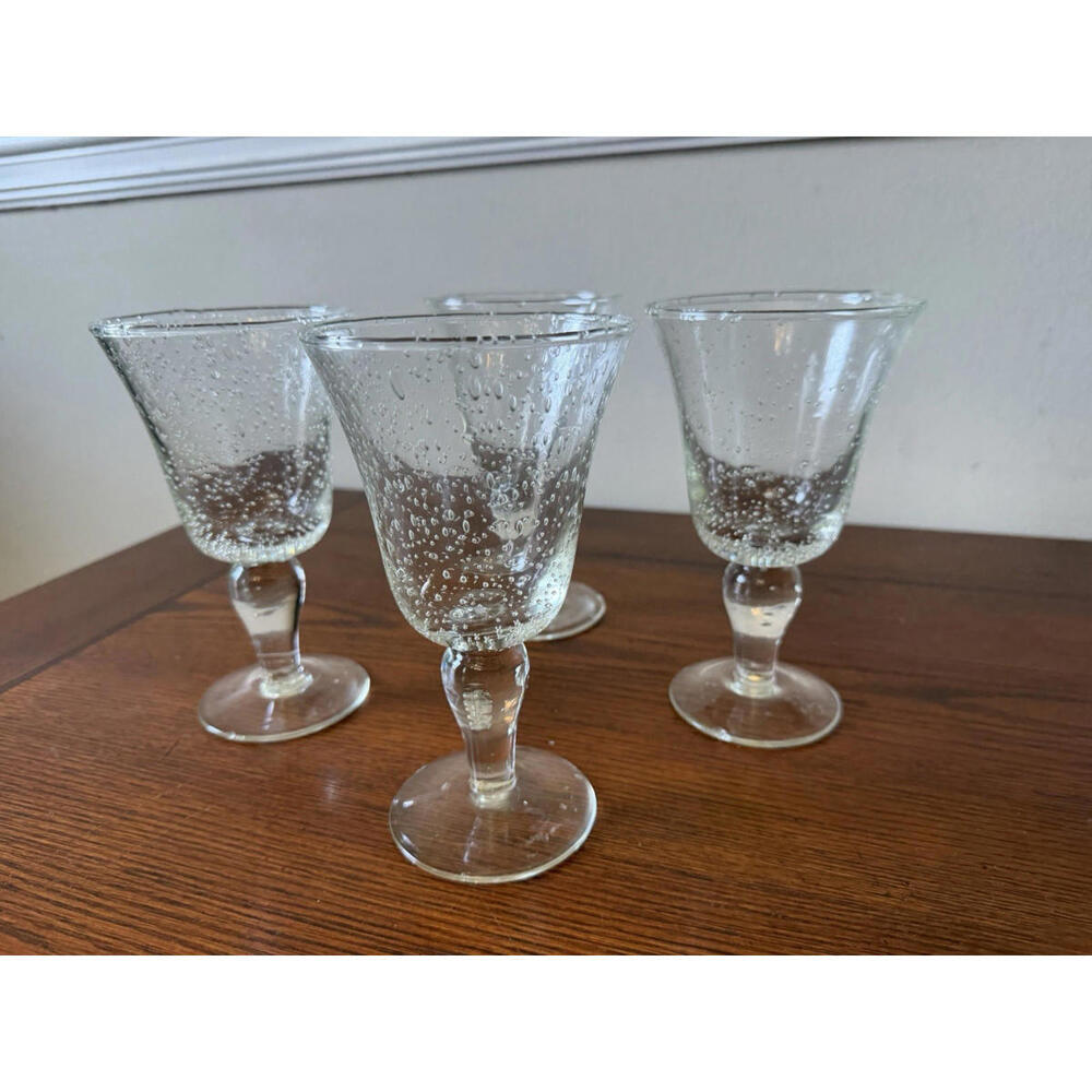 4 Clear Seeded Bubble Glass Stemmed Wine Glasses Goblets 6-3/8” Faint Green Tint